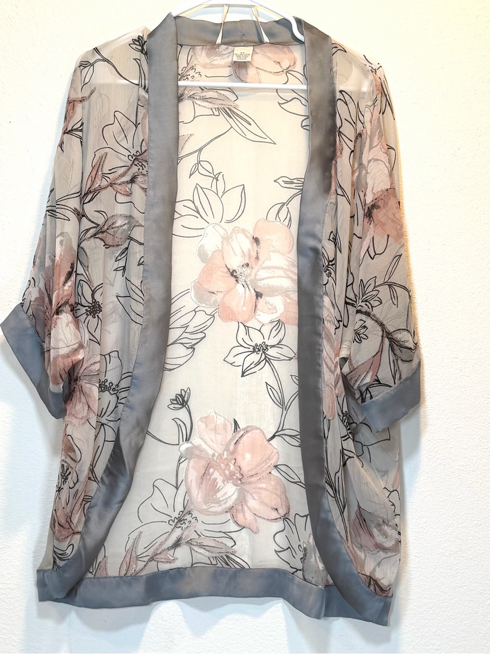 ISA & Stef Floral Sheer Chiffon Kimono Cardigan Gray Satin Trim Duster One Size